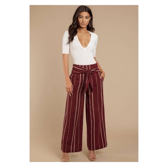 MOON RIVER Anthropologie Burgundy Stripe Kim Tie Waist Wide Leg Pants Small - Picture 1 of 7